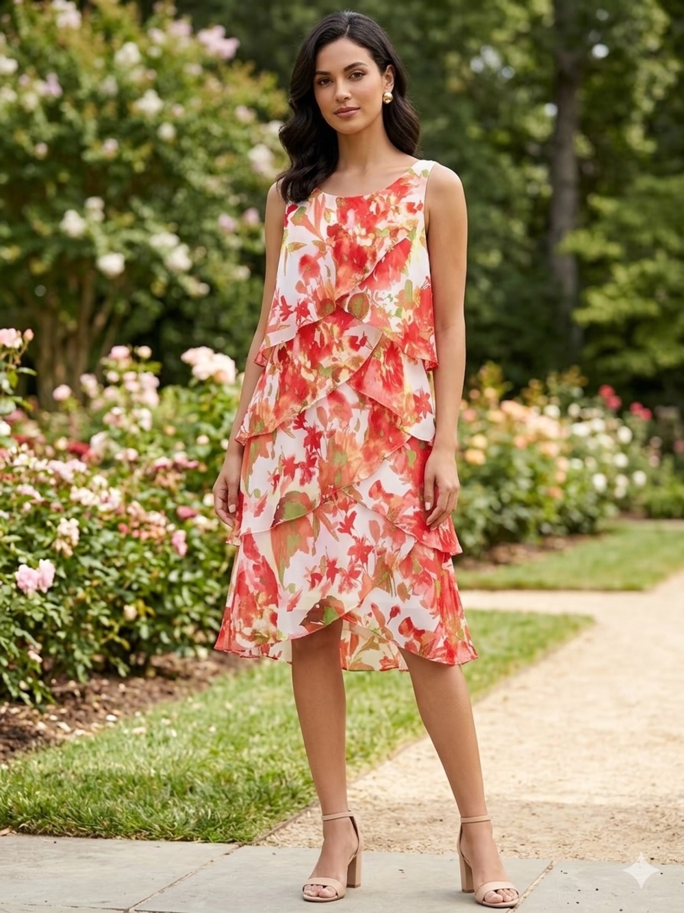 SLNY Red and Green Floral Tiered Midi Dress